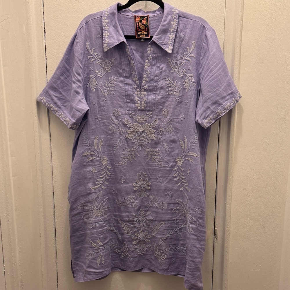 Johnny Was Lavender Embroidered Linen Dress